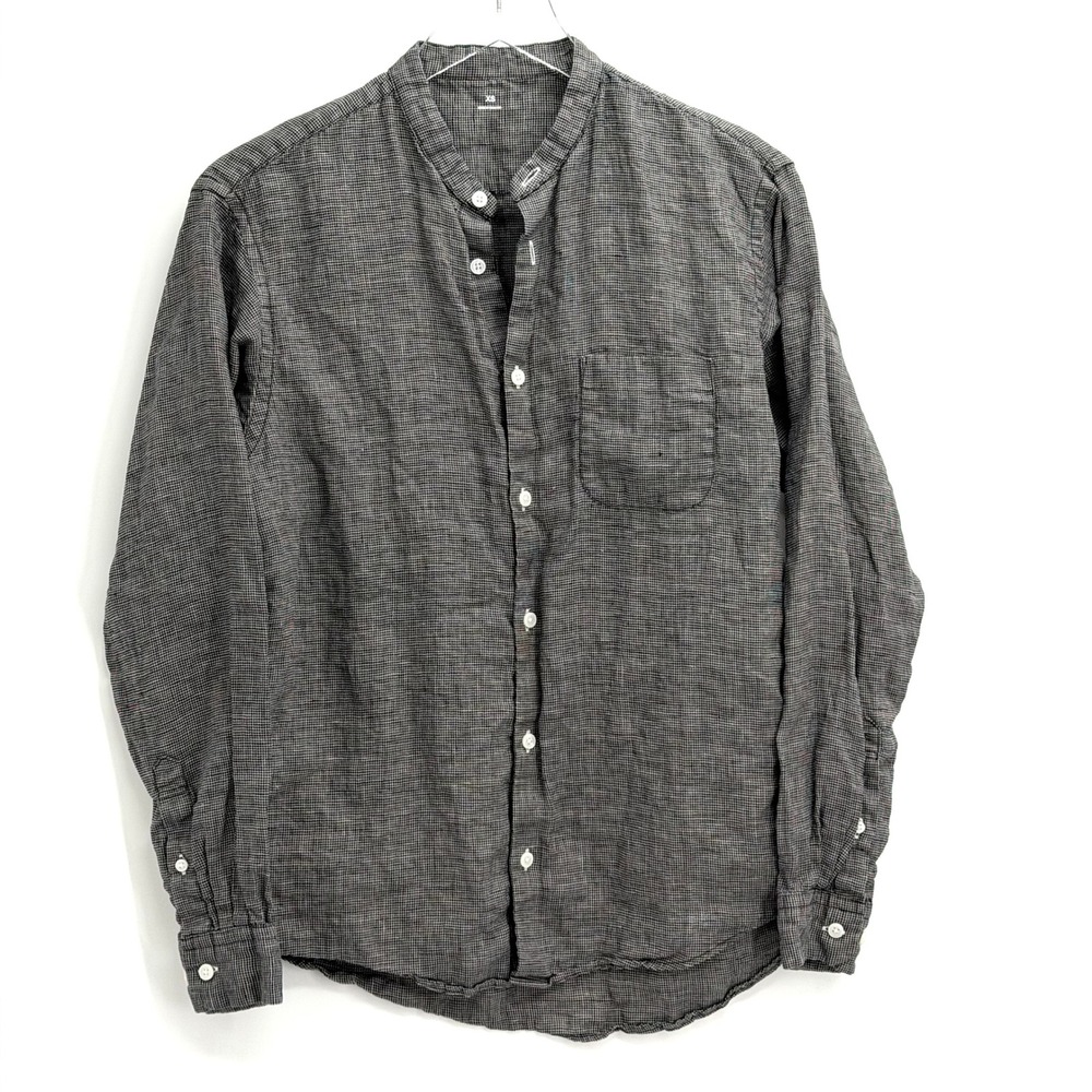 Muji 100% Linen Oxford Stand Collar Shirt Men XS Micro Houndstooth Minimalist